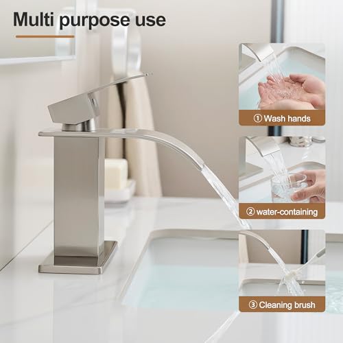 Waterfall Bathroom Faucet, Single Handle Brushed Nickel Sink Faucet 1 Hole or 3 Hole for Lavatory, Washbasin, Vanity, Commercial, with Deck, Pop-up Drain and Supply Hoses - color: Brushed Nickel