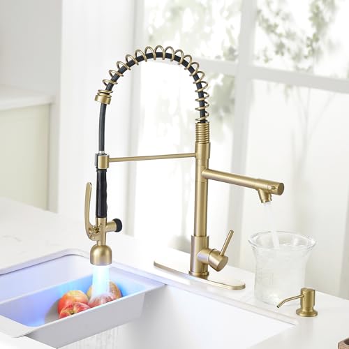 Fapully Commercial Kitchen Faucets with Pull Down Sprayer Brushed Gold LED | Single Handle Faucet for Kitchen Sink, Kitchen Faucet with Soap Dispenser and Deck Plack for 4 Hole - color: Brushed Gold, style: Rustic
