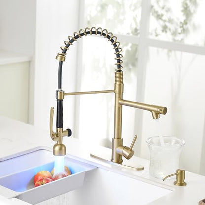 Fapully Commercial Kitchen Faucets with Pull Down Sprayer Brushed Gold LED | Single Handle Faucet for Kitchen Sink, Kitchen Faucet with Soap Dispenser and Deck Plack for 4 Hole - color: Brushed Gold, style: Rustic