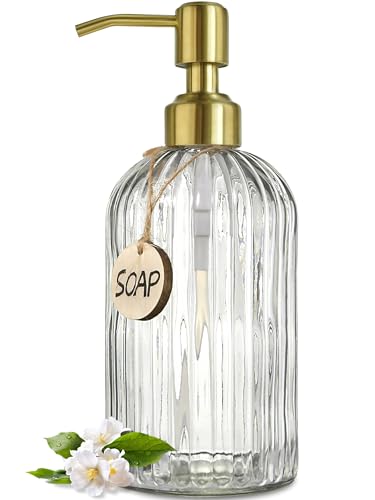 JASAI 18Oz Glass Soap Dispenser with Golden Pump for Kitchen,Refillable Liquid Hand soap Dispenser with Vertical Stripe, Clear Soap Dispenser Bathroom for Hand soap, Dish Soap, Lotion | Refillable Hand Soap Dispenser with Vertical Stripe, Gold Soap Dispen