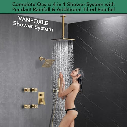 VANFOXLE Shower System, Brushed Gold Shower Faucet Set, Four Modes | 10 Inch Ceiling Mount Head Increased Thick, 6 Inch Second Head, 2-in-1 Handheld Combo, 4 PCS Dual Mode Body Jets, Brass Valve - color: Brushed Gold