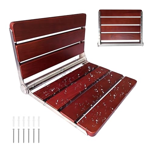 Folding Shower Seat Wall Mounted Shower Bench Teak Folding Shower Chair Wood Seat 316 Stainless Steel Frame Fold Down Shower Seat Reddish Brown 600 lbs,1 Pack - color: Reddish Brown