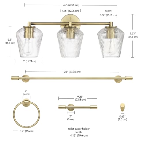 GLOBE Electric 63000063 5-Piece All-in-One Bathroom Set, Matte Brass Finish, 3-Light Vanity Light, Glass Shades, Towel Bar, Toilet Paper Holder, Towel Ring, Robe Hook, Bathroom Lights Over Mirror - color: Brass