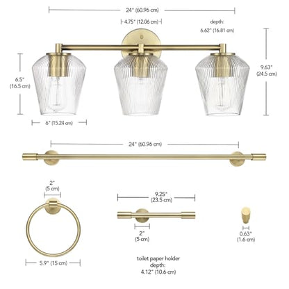 GLOBE Electric 63000063 5-Piece All-in-One Bathroom Set, Matte Brass Finish, 3-Light Vanity Light, Glass Shades, Towel Bar, Toilet Paper Holder, Towel Ring, Robe Hook, Bathroom Lights Over Mirror - color: Brass