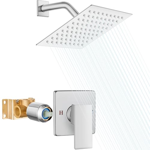 Heyalan 8 Inch Square Rain Shower Faucet Set with Valve, Polished Chrome | Female-thread 1/2-inch NPT connections, SUS304 shower head, brass rough-in valve, single-handle control Shower Set - color: Chrome, size: 8 Inch Square Shower Head