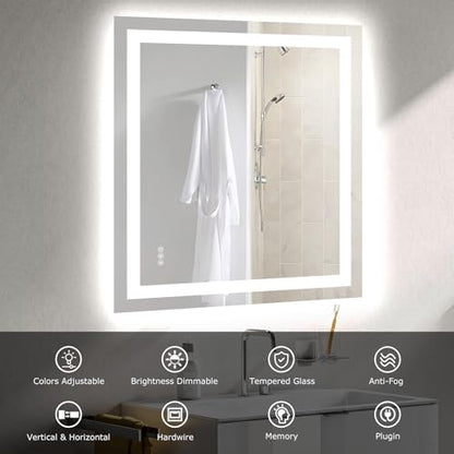 Hivone 32"X36" LED Bathroom Mirror with Lights, Anti-Fog, Dimmable, Backlit + Front Lit, Smart Bathroom Vanity Mirror, Memory Function, Shatterproof, Tempered Glass (Horizontal/Vertical) - size: 32"L x 36"W