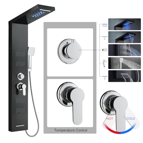 Stainless Steel Shower Panel Tower System with LED Lights, 5 in 1 Shower Panel with Rainfall Waterfall Shower Head, Body Spray, Handheld Shower, Tub Spout (Black) - color: Black - Wave Body Spray