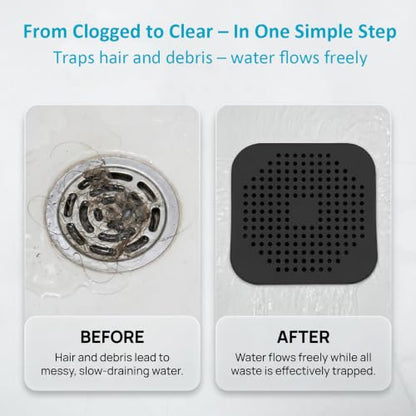 Square Silicone Drain Cover, 5.7 Inch Flat Shower Drain Hair Catcher with Suction Cups, TPR Drain Protector Stopper for Bathroom and Kitchen, Anti-Slip Floor Drain Strainer (2 Pack, Black)
