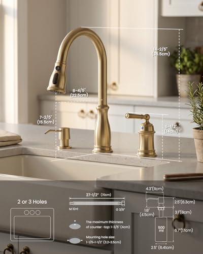 DAYONE Brushed Gold Kitchen Sink Faucet - Separate Handle 3 Holes，Gold Pull Down Faucet with Soap Dispenser，Sink Faucet for Kitchen, Single Handle High Arc - color: Brushed Gold, style: Separate handle