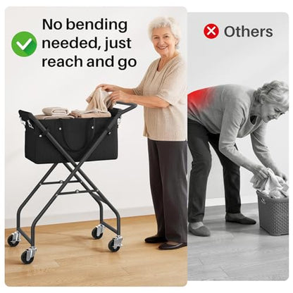No-Bend Laundry Cart- Rolling Hamper with Locking Wheels & Handle, Foldable Basket Screw-Free Assembly, Durable Metal Frame & Removable Liner Bag for Bedroom & Bathroom (Black) - color: Black