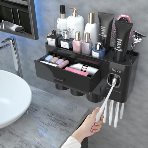 iHave Toothbrush Holders Wall Mounted with Toothpaste Dispenser & 3 Cups | All-in-One Bathroom Organizer: 3 Cups, 6 Slots, Toothpaste Dispenser, Large Tray & Drawer. Wall Mount, No Drilling Required - color: Black, size: 3 cup