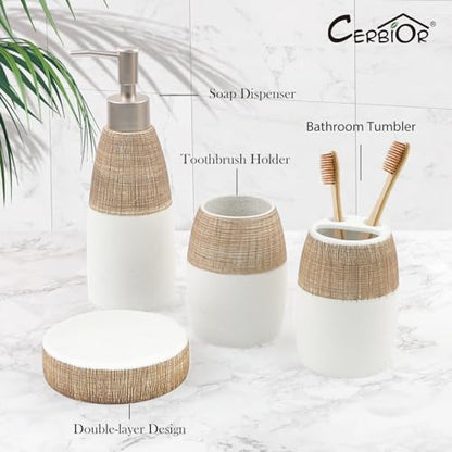 CERBIOR Bathroom Accessories Set,4 PCS Ceramic Bath Accessory,Brown White | Includes Toothbrush Holder, Toothbrush Cup, Soap Dish for Decorative Countertop and Housewarming Gift - style: White-Brown