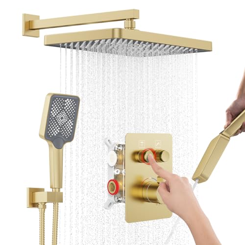 Thermostatic Shower System 13-Inch Rainfall Shower Head - 3 Setting Handheld Sprayer, Complete Bathroom Set with Faucet Mixer Trim Kit & Valve Brushed Gold