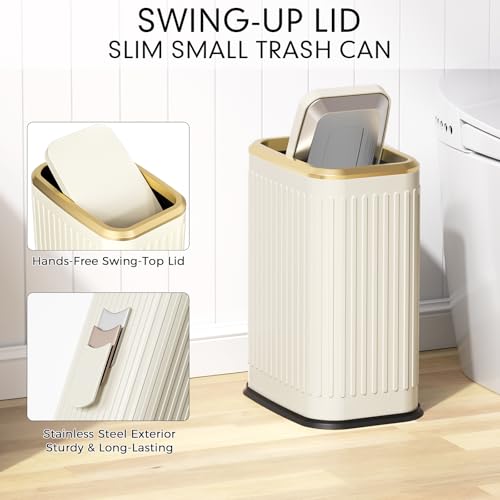 Bathroom Trash Can with Lid 8L/2.1 Gallon Beige Trash Can Small Garbage Can with Swing Top Lid Slim Stainless Steel Garbage Can with 100 Counts Trash Bags for Bathroom Bedroom Kitchen Office Toilet - color: Beige Stripe, size: Swing-Lid Trash Can