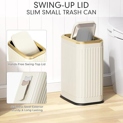 Bathroom Trash Can with Lid 8L/2.1 Gallon Beige Trash Can Small Garbage Can with Swing Top Lid Slim Stainless Steel Garbage Can with 100 Counts Trash Bags for Bathroom Bedroom Kitchen Office Toilet - color: Beige Stripe, size: Swing-Lid Trash Can