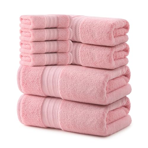 REDKISS Pink Towel Set of 8-100% Cotton Luxury Bath Towels Set for Bathroom, 600 GSM Highly Absorbent Bathroom Towel with 2 Large Bath Sheet, 2 Hand, 4 Washcloths, Pink Shower Towels for Dorm - color: Pink