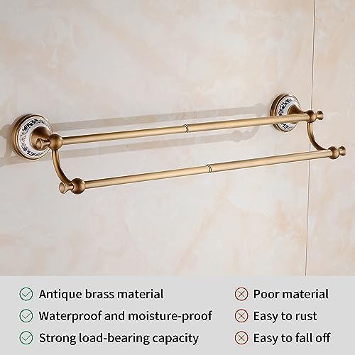 Antique Bronze Brass Double Towel Bar,Adjustable 15.5 to 27.5 Inch Bath Towel Bar Rack for Bathroom Towel Holder, Wall Mounted Bathroom Hardware Accessories,Porcelain Design - color: Double Towel Bar