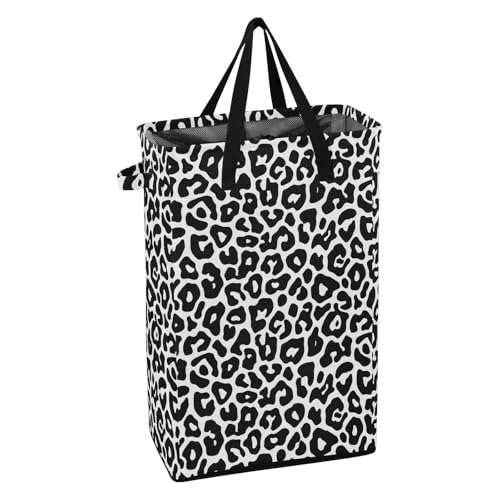 Leopard Black White Laundry Hamper Dirty Clothes Laundry Basket Bin for Bedroom Bathroom with Handles Slim Tall Collapsible Waterproof Freestanding 48L - color: Leopard Black white