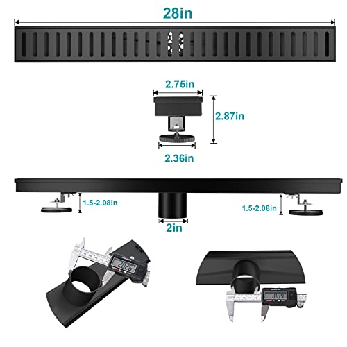 BARONAGE 28 Inch Linear Shower Drain, Capsule Grate, Matte Black | V-shaped Rapid Linear Drains, Rustproof, Hair Catcher, 304 Stainless Steel Rectangle Shower Floor Drain For Bathroom - size: 28 Inch