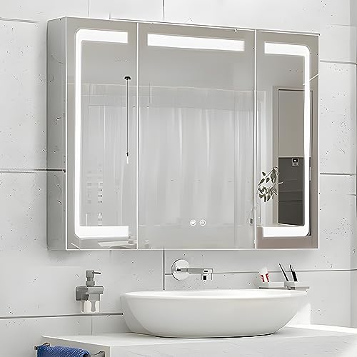Stainless Steel LED Medicine Cabinet,Bathroom Mirror Cabinet with Light,3 Color,Dimmable,Equipped with Defogger,USB Shavor Socket,Internal Light,36×32 Inch - size: 36×32inch