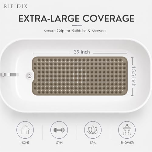 Bathtub Mat Non-Slip – 39" x 15.5" Extra Long Shower Mat with Suction Cups, BPA Free & Machine Washable, Textured Bath Mat for Tub, Ideal for Kids, Seniors & Pregnant Women, Clear Brown - color: Light Gray