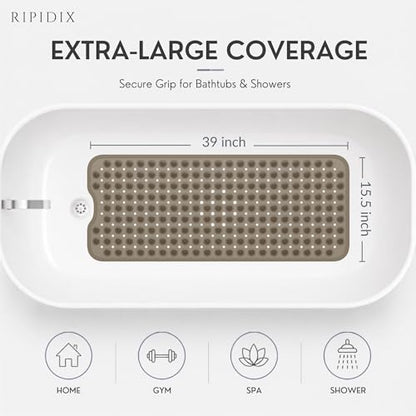 Bathtub Mat Non-Slip – 39" x 15.5" Extra Long Shower Mat with Suction Cups, BPA Free & Machine Washable, Textured Bath Mat for Tub, Ideal for Kids, Seniors & Pregnant Women, Clear Brown - color: Light Gray