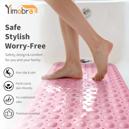 Yimobra Non Slip Bathtub Mat 40 x 16 Inch, Extra Long Shower Mat with Drain Holes, Machine Washable Baby Bath Mats, Strong Suction Cups for Bathroom Floor, Pink - color: Pink