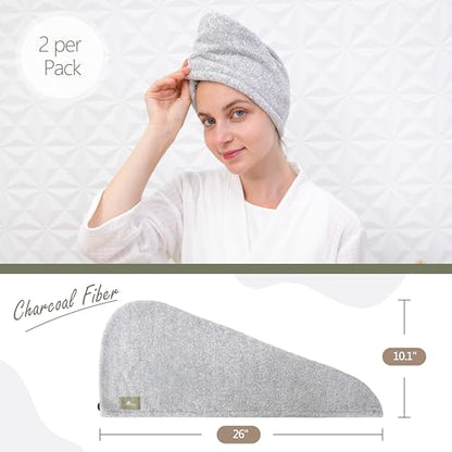 myHomeBody Hair Towel Wrap, Quick Drying Turban, Absorbent Cap – 2 Pack | Hair Turban Towel for wet hair, Ultra Soft Charcoal Fiber Cap, Towel Head Wrap for bathing with Coconut Shell Button - color: Grey, Grey