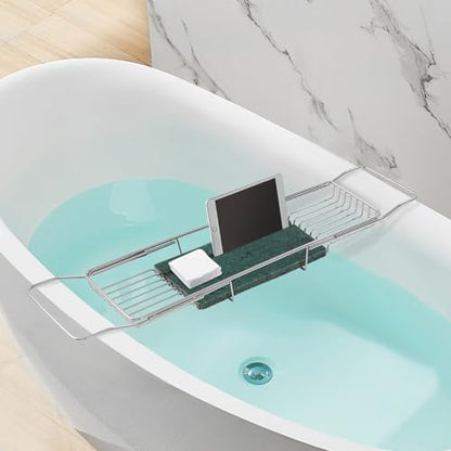 Expandable Bathtub Tray, Stainless Steel Bath Tub Caddy with Marble Base, Adjustable Over Tub Rack with Phone Tablet Holder, Bathtub Organizer (Silver) - color: Silver