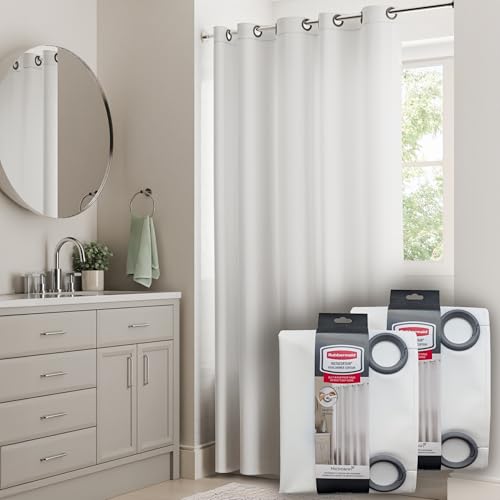 Rubbermaid INSTACURTAIN Hook-Free PEVA Shower Curtain, Waterproof Heavyweight Curtain with Built-in Rustproof Rings and Weighted Magnetic Hem, 71 x 74 Inches, BPA-Free, White with Charcoal Rings - color: White, size: 71"W x 74"L (Pack of 2), style: Withou