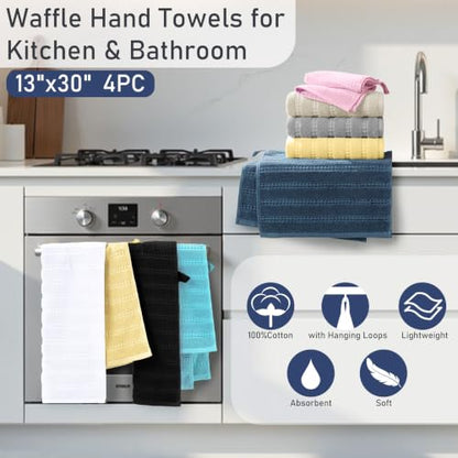 VOOVA & MOVAS Kitchen Towels 4PC,13"x30",100% Cotton,Yellow & Gray | Waffle Weave Fabric, Soft Lightweight & Absorbing, Quick Dry & Non-fading, Unshrinkable - color: Yellow + Gray