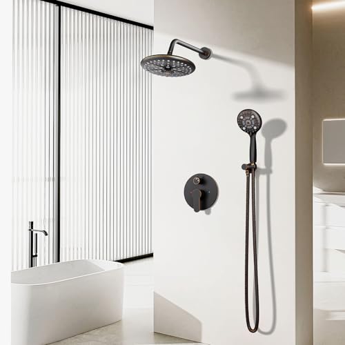 EMBATHER 10'' Shower System with Handheld Trim Kit, Oil Rubbed Bronze | 2-IN-1 Shower Faucet Set, 3-Mode Shower Head, 8-Setting Handheld Spray, Pressure-balanced Valve & Trim Kit - color: Oil Rubbed Bronze, size: 10 Inch