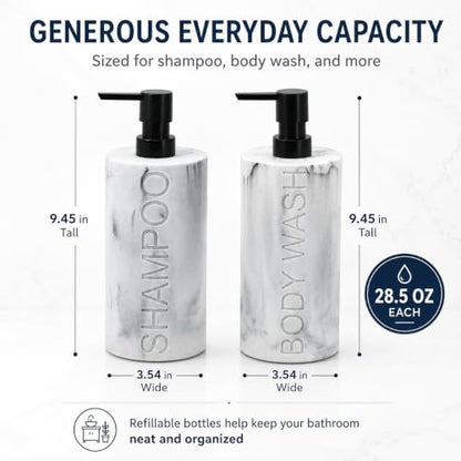 Marble Resin 2 Piece Shampoo and Body Wash Dispenser Set, Luxurious Refillable Pump Bottles with Matte Pump Top and Embossed Text, Durable Design for Bathroom and Shower - color: 2pack Marble Shampoo and Body Wash Set