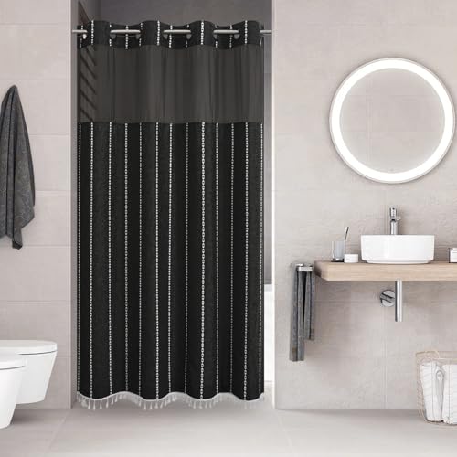 eachope No Hook Stall Shower Curtain with Snap-in Fabric Liner - 54x80 Heavy-Duty Linen Textured Striped Design,Narrow Rustic Modern Farmhouse Bohemian Bathroom Curtain,Water-Repellent,Black - color: Black, size: 54"W x 80"L (Pack of 1)