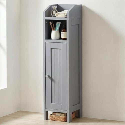 VINGLI Small Storage Corner Floor Cabinet, 7.9" Narrow Toilet Paper Storage Holder with Vertical Striped Door, Skinny Freestanding Organizer for Small Spaces, Slim Bathroom Storage Cabinet, Grey