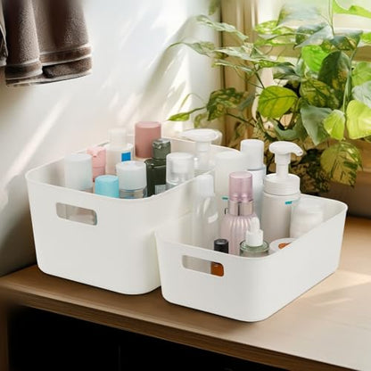 Peohud 5 Pack White Plastic Storage Bins, Pantry Organization and Storage Baskets with Handles, Open Plastic Storage Container for Home, Kitchen, Office, Shelves, Cabinet, Under Sink Organizer