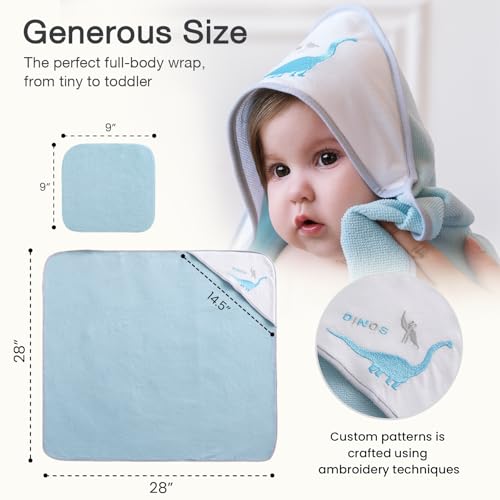 Softan Baby Hooded Towels and Washcloths Set 6 Pack, 28x28 Ultra Soft & Absorbent Baby Bath Towels for Newborn Infant Toddler, Unisex Boys Girls (Blue Dionsaur) - color: Blue Dionsaur