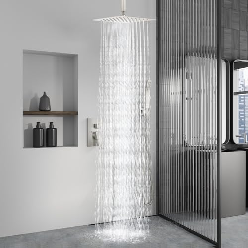 Aolemi Ceiling Mount Shower System Rain Shower Head with Handheld Spray High Pressure Shower Faucet Set Rough-in Valve Shower Trim Kit Included Bathroom Brushed Nickel 16 Inch Ceiling Shower Head - color: Nickel, size: 16 Inch Ceiling Shower Head