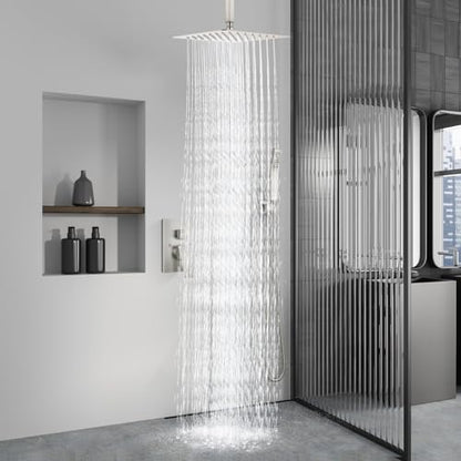 Aolemi Ceiling Mount Shower System Rain Shower Head with Handheld Spray High Pressure Shower Faucet Set Rough-in Valve Shower Trim Kit Included Bathroom Brushed Nickel 16 Inch Ceiling Shower Head - color: Nickel, size: 16 Inch Ceiling Shower Head
