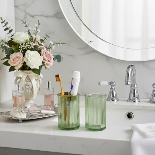 Toothbrush Holders for Bathrooms, 2pcs Glass Toothbrush Holder, 12oz Bathroom Tumbler and Mouthwash Cup, Tooth Brush and Toothpaste Organizer for Bathroom Vanity Countertop (Green Gold) - color: Green Gold