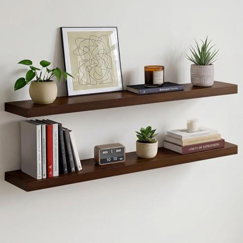 Walnut 42 inch Floating Shelves, High End Solid Real Wood 42inch Floating Shelf for Wall, Large Dark Brown 42 inches Long Floating Shelves, Heavy Duty Bracket, 42 X 6.5 X 1.75 inch, Set of 2 - color: American Walnut - Satin Dark Tone, size: 42 inch