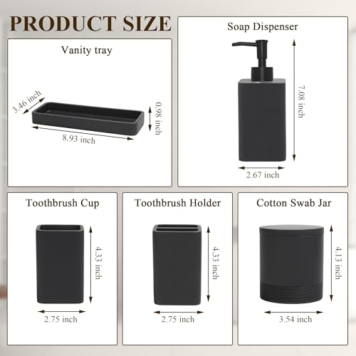 Bathroom Accessories Set, 6 Piece Soap Dispenser Set - Matte Black | Bathroom Set with Toothbrush Holders, Soap Dispenser, Vanity Tray, Tumbler, Cotton Swab Jars, Bathroom Organizer and Storage - color: Black