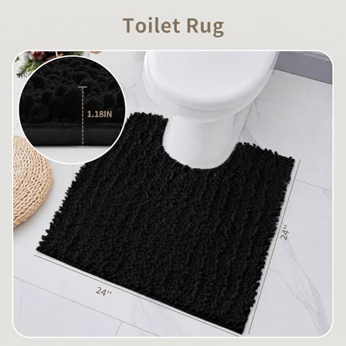 Toilet Rugs U-Shaped Mat 24x24, Contour Bathroom Mat - Ultra Soft & Absorbent Chenille, Quick-Dry, Machine Washable with Non Slip Barrier Backing, Black - color: Black, size: 24" X 24"(Toilet Rug)