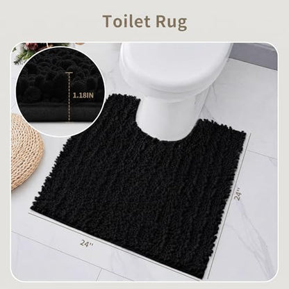 Toilet Rugs U-Shaped Mat 24x24, Contour Bathroom Mat - Ultra Soft & Absorbent Chenille, Quick-Dry, Machine Washable with Non Slip Barrier Backing, Black - color: Black, size: 24" X 24"(Toilet Rug)