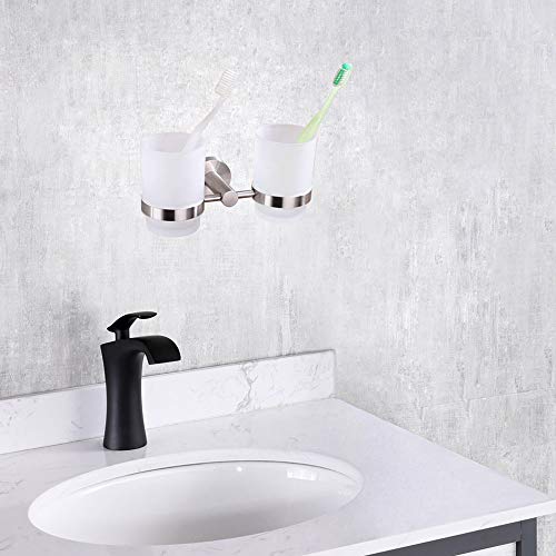 Double Toothbrush Holder, Angle Simple SUS304 Stainless Steel Wall Mounted Glass Tumbler Holder with Frosted Glass Cup Toothpaste Razor Organizer Bathroom Storage, Brushed Nickel - color: Brushed Steel