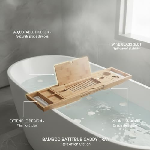 Adjustable Bathtub Organizer Tray with Drink Holder & Phone Slots, Natural Bamboo Bath Caddy for Standard Tubs