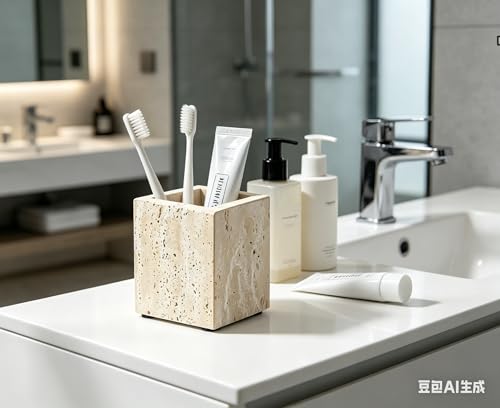 Travertine Marble Organizer Cup - Genuine Stone Toothbrush Holder, Pen & Makeup Brush Stand for Bathroom & Office Desk, Heavy Duty Non-Slip Tumbler, Modern Countertop Decor