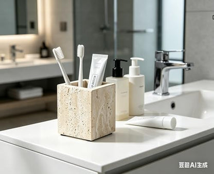 Travertine Marble Organizer Cup - Genuine Stone Toothbrush Holder, Pen & Makeup Brush Stand for Bathroom & Office Desk, Heavy Duty Non-Slip Tumbler, Modern Countertop Decor