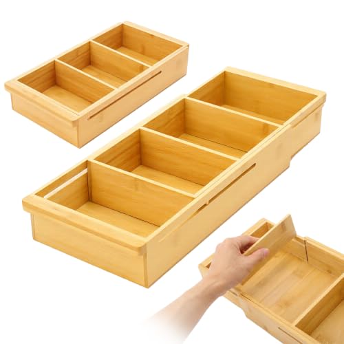 Yookeer 2 Pcs Expandable Drawer Organizer Adjustable Hanging Deep Drawer 11.4'' to 18.1'' Bamboo Wood Dividers Storage Tray for Desk Kitchen Bedroom Bathroom Office Supplies