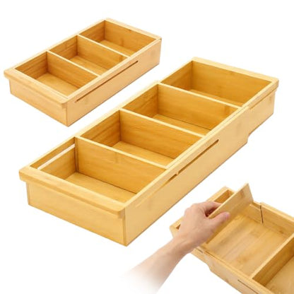 Yookeer 2 Pcs Expandable Drawer Organizer Adjustable Hanging Deep Drawer 11.4'' to 18.1'' Bamboo Wood Dividers Storage Tray for Desk Kitchen Bedroom Bathroom Office Supplies